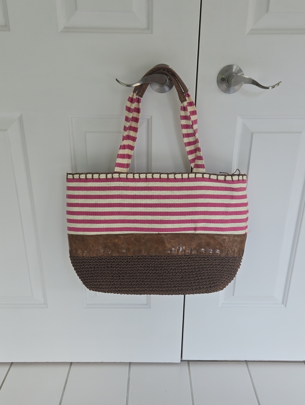 Striped Pink and Cream Straw Tote Bag with Brown Trim